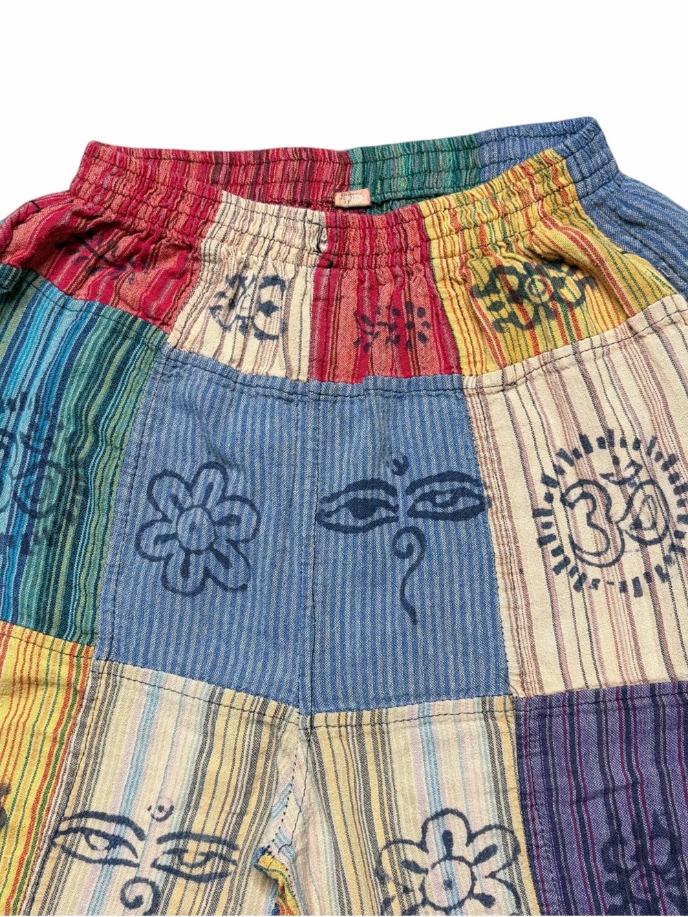 Patchwork Multicolor Boho Hippie High Waisted Cargo Elastic Retro Cotton Shorts - Picture 6 of 7